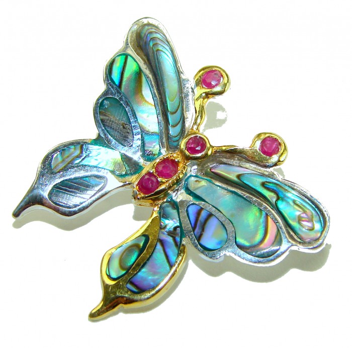 BUTTERFLY Natural Rainbow Abalone 10k GOLD OVER .925 Sterling Silver handmade Pendant - Butterfly brooch with abalone and gold accents, top view.