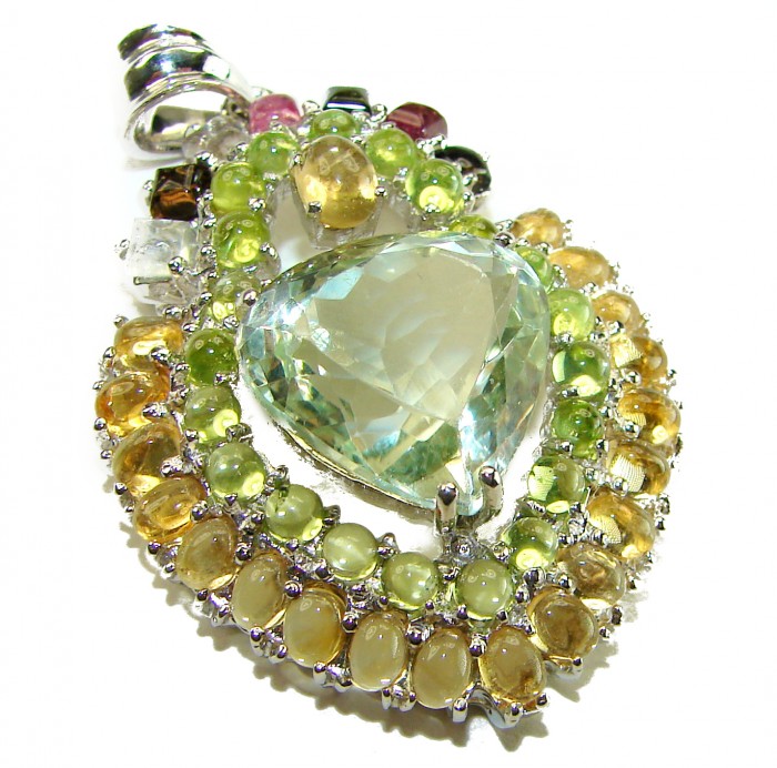 Green Ivy 25.5 carat Green Amethyst - Prasolite .925 Sterling Silver handcrafted pendant - Heart-shaped gemstone pendant with multicolored stone accents, side view.