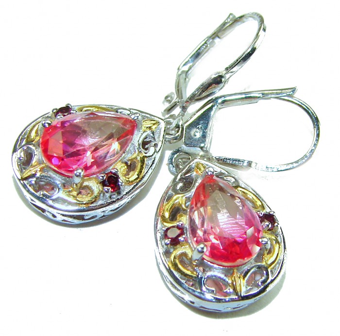 Genevieve 8.5 carat genuine Brazilian Watermelon Tourmaline .925 Sterling Silver handcrafted Statement earrrings - Close-up of Genevieve earrings with Brazilian Watermelon Tourmaline.