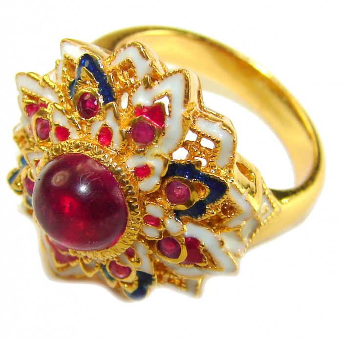 Divine Creation 5.5 carat Mozambique Star Ruby Enamel 18K Gold over .925 Sterling Silver handcrafted Ring s. 7 - Close-up of ornate gold ring with ruby and enamel detailing.