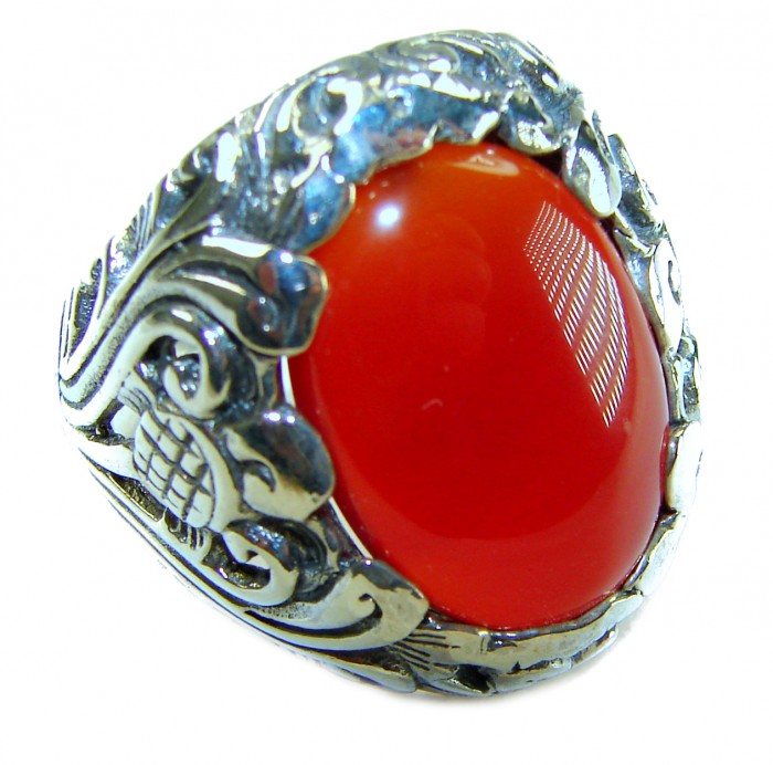 Orange Power natural Carnelian .925 Sterling Silver handmade ring s. 10 - Close-up of orange carnelian ring in ornate sterling silver setting