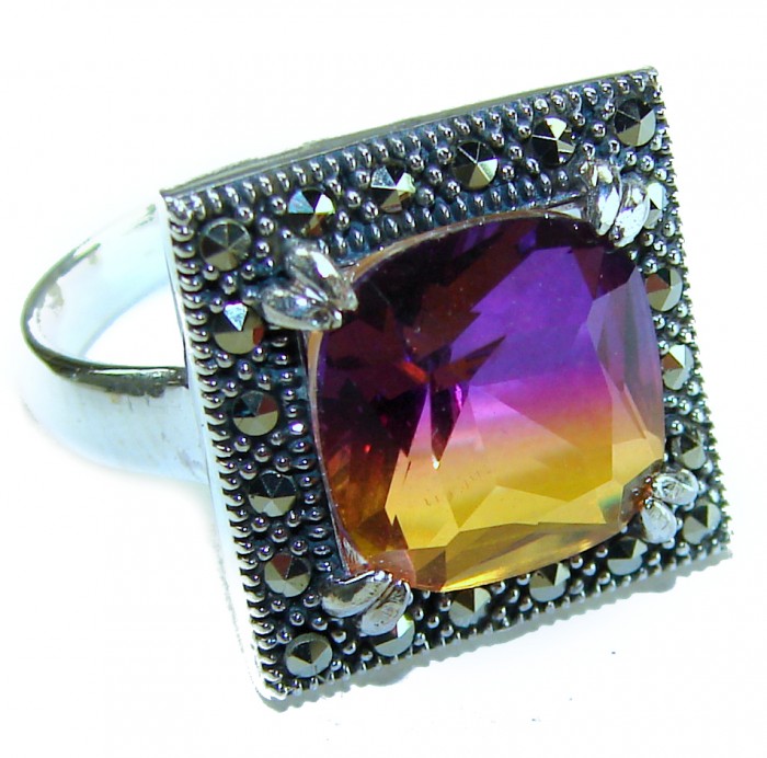 7.5 carat Ametrine Marcasite .925 Sterling Silver HANDCRAFTED Ring s. 7 - Close-up of Ametrine and Marcasite square ring in .925 Sterling Silver