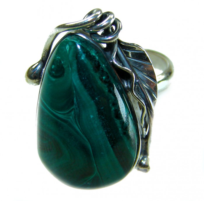 22.2 CARAT genuine Malachite from Utah .925 Sterling Silver handcrafted ring size 7 adjustable - Close-up of 22.2 carat malachite ring in sterling silver setting.
