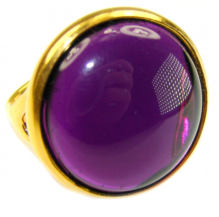 Purple Royalty 20.5 carat Amethyst .925 Sterling Silver dipped in 18K Gold over Handcrafted Ring size 7 - Close-up of Purple Royalty Amethyst ring with gold setting.