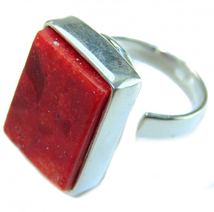 Bochic Style Natural Fossilized Coral .925 Sterling Silver handmade ring s. 7 ADJUSTABLE - Red coral ring close-up, sterling silver setting, side view.