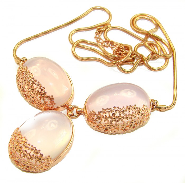 Rose Garden 52.5 carat BRAZILIAN ROSE QUARTZ 14K Rose Gold over .925 Sterling Silver handcrafted Statement necklace - Close-up of Rose Garden Brazilian rose quartz necklace in 14K rose gold