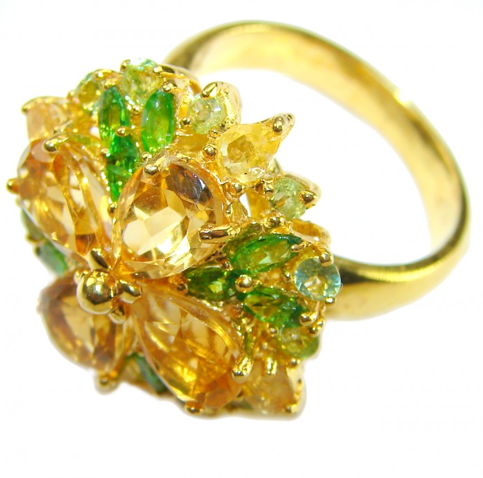 Victoria Authentic - Natural 10.2 carat Brazilian Citrine .925 Sterling Silver dipped in 18K Gold handmade Statement Ring size 8 1/4 - Gold ring with yellow and green gemstones, top view close-up.