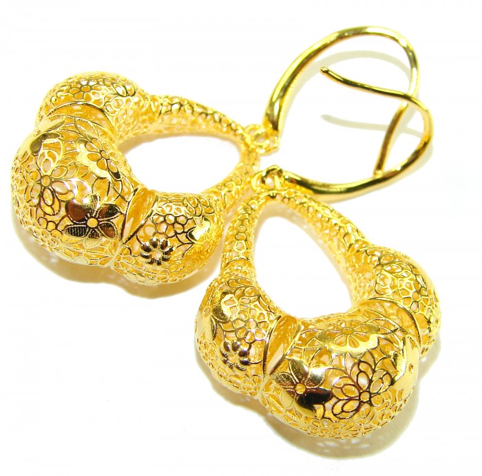 Black Label Collection - Dubai Style - Natural 22K Gold over .925 Sterling Silver handmade earrings - Intricate floral earrings, close-up angle, 22K gold plated.
