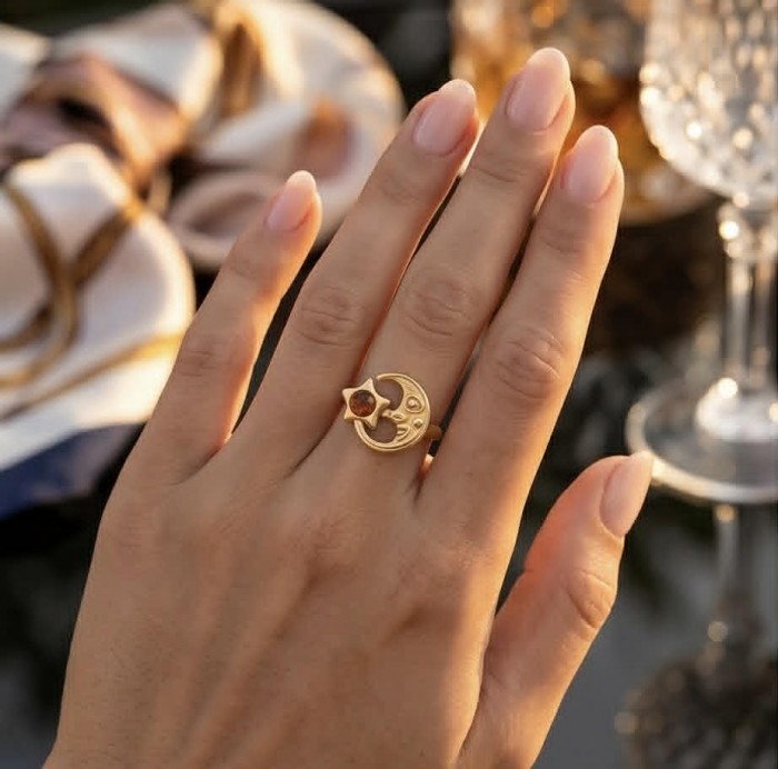 HARMONY Beauty of the Sea - Natural Baltic Amber .925 Sterling Silver dippedin 18K Gold handcrafted ring; s. 7 - Ring with amber and star-moon design, worn on hand, close-up view.