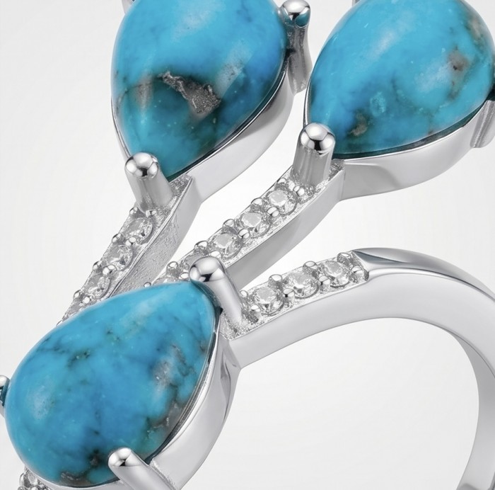 Rare Stone Of Harmony - Parrots Wing Chrysocolla .925 Sterling Silver ring s. 7 1/4 - Close-up of Parrots Wing Chrysocolla ring stones and sterling silver details