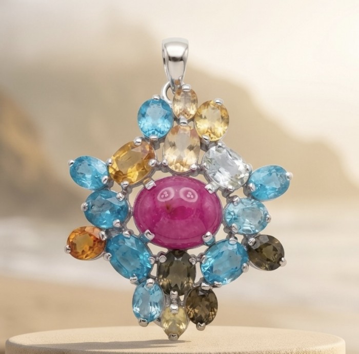 Giovanna- 25.5 carat Authentic Kashmir Ruby .925 Sterling Silver handcrafted Pendant and Brooch - Front view of colorful gemstone pendant with central ruby.