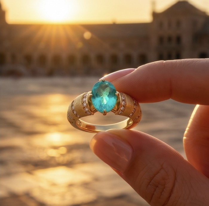 Wonderland 3.8 carat Paraiba Tourmaline 14k Gold over .925 Sterling Silver Handcrafted Ring size 7 1/4 - Close-up of 3.8 carat Paraiba Tourmaline ring in sunlight.