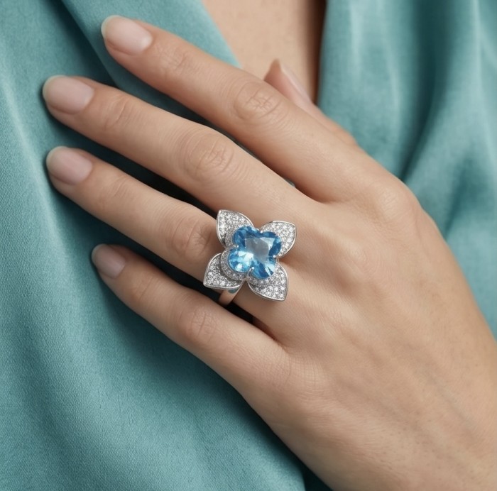 Forget -Me- Not flower 9.5 carat genuine Swiss Blue Topaz .925 Sterling Silver handmade Statement Ring size 8 - Swiss Blue Topaz flower ring, worn on hand, showing top view.