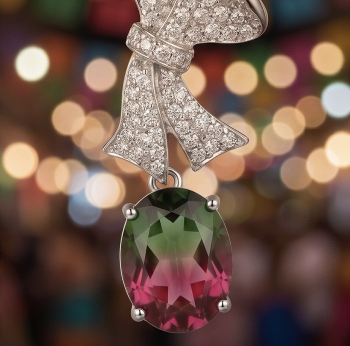 Luxurious 4.9 carat Brazilian Watermelon Tourmaline .925 Sterling Silver Handcrafted Earrings - Close-up of 4.9 carat watermelon tourmaline with diamond bow detail.
