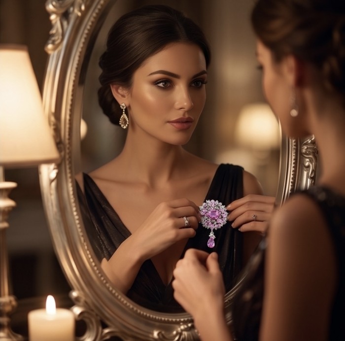 An exuberantly Large 72.7 grams Vintage style Pink Sapphire .925 Sterling Silver handmade LARGE Pendant - Brooch - Woman wearing pink sapphire brooch in front of a mirror.