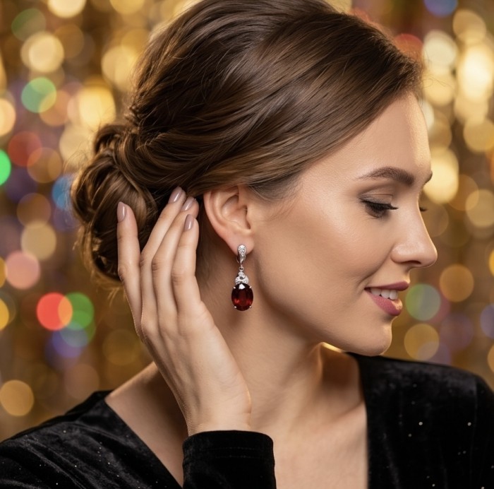Magnificent Jewel 10.5 carat Ruby .925 Sterling Silver handcrafted incredible earrings - Side view of 10.5 carat ruby earring worn, focus on detail.