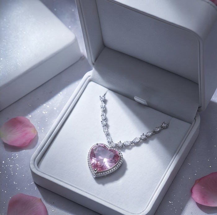 Titanic - Heart of The Ocean Necklace ~ 22.7 Ct Pink Sapphire Necklace In 925 Sterling Silver necklace - Heart of the Ocean necklace in open box, top view with pink petals around.