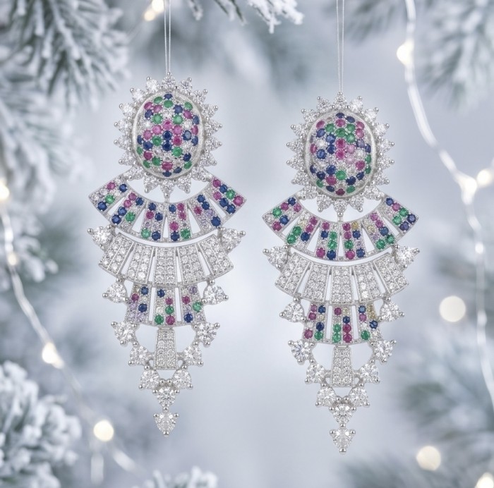 Authentic 10.7 carat Sapphire Ruby Emerald Rhodium over .925 Sterling Silver handcrafted Statement earrings - Intricate earrings adorned with sapphires, rubies, and emeralds