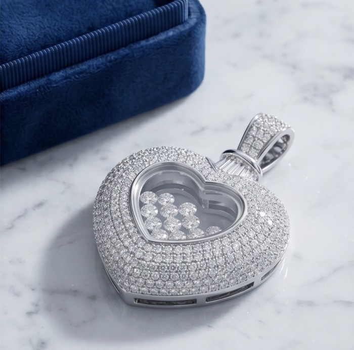 Precious Heart - Floating Memories 4.5 carat White Sapphire .925 Sterling Silver Handcrafted Statement pendant - Heart-shaped pendant, top view, with floating white sapphires and case.