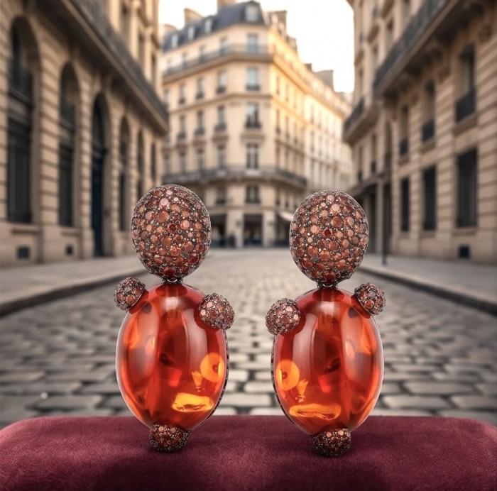 Exquisite 12.4 ctw Red Topaz 7.2 carat pave Ruby .925 Sterling Silver dipped in black rhodium handcrafted Statement earrings - Front view of red topaz and ruby earrings on a city street background.