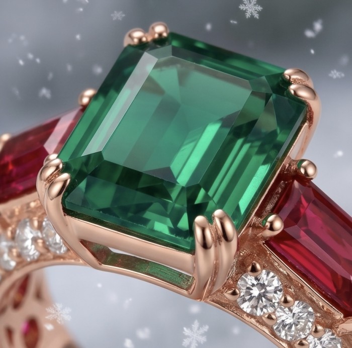 Giovanna 6.7 carat Ruby Emerald .925 Sterling Silver dipped 22K Rose Gold handmade Statement Ring size 6 - Close-up of Giovanna 6.7 carat ruby and emerald with snowflake detail.