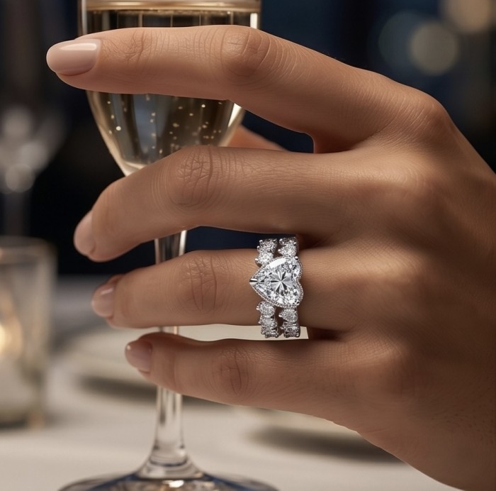 Pure Love Spectacular 20.9 carat White Topaz .925 Sterling Silver stacking ring size 8 - White Topaz ring worn on hand, holding a champagne glass