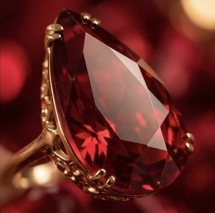 Carmen Natural 25.4 carat Ruby .925 Sterling Silver dipped in 22K Gold handmade Large Statement Ring size 6 3/4 - Close-up of 25.4 carat ruby in gold setting, side view.