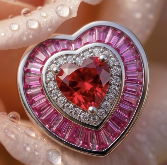 Art deco - My Sweet Heart Natural 2.8 carat Mozambique Ruby .925 Sterling Silver Handcrafted Earrings - Close-up of heart-shaped Mozambique ruby pendant with pink accents