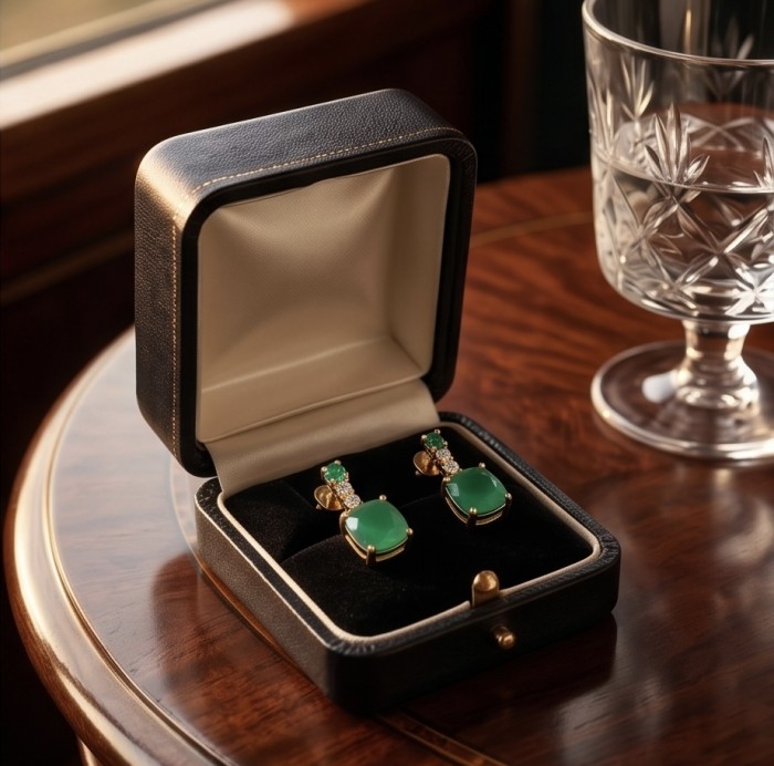 Assher cut 3.8 carat COLOMBIAN Emerald 22k Gold over .925 Sterling Silver handmade Earrings - Emerald earrings in open box on wooden table, side view.