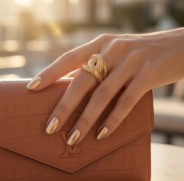 Dubai Style - Golden knot - .925 Sterling Silver dipped in 22K Gold handmade Large ring size 9 - Hand wearing golden knot ring holding a brown textured clutch.