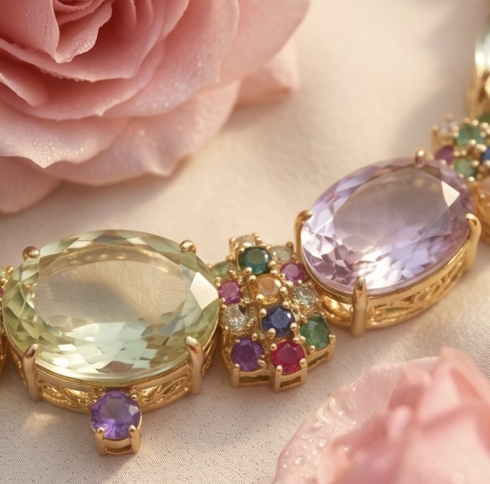 Special finding - Giovanna 195.5 carat Lemon Quartz Amethyst 18k Gold over .925 Sterling Silver handmade STATEMENT necklace - Close-up of gemstone details on gold bracelet with roses.