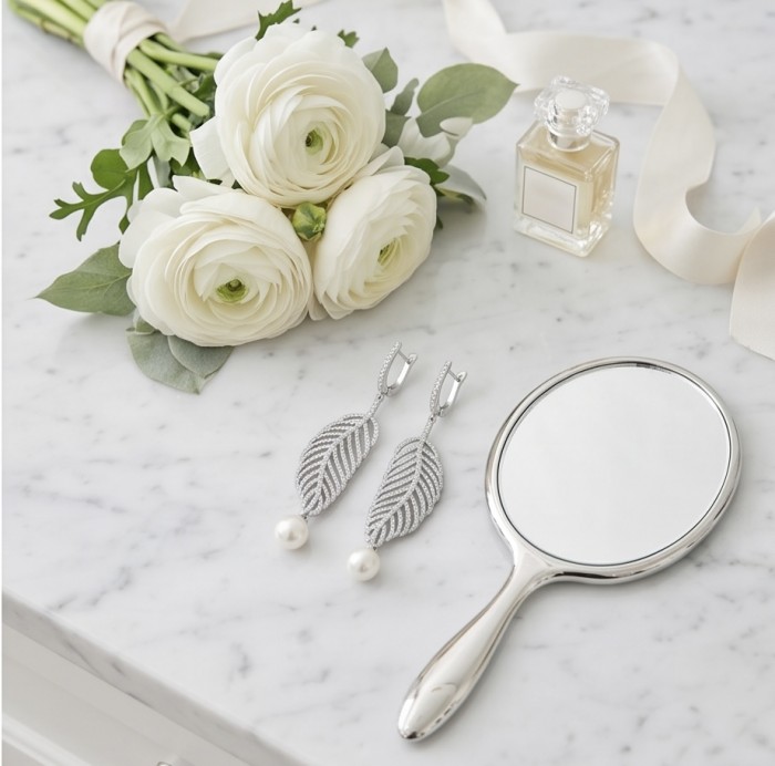 BLOOMING BEAUTY Genuine Pearl 0.2 CARAT lab grown Diamond rhodium over .925 Sterling Silver handcrafted Statement Earrings - Earrings and roses on a marble surface, with mirror and perfume bottle.