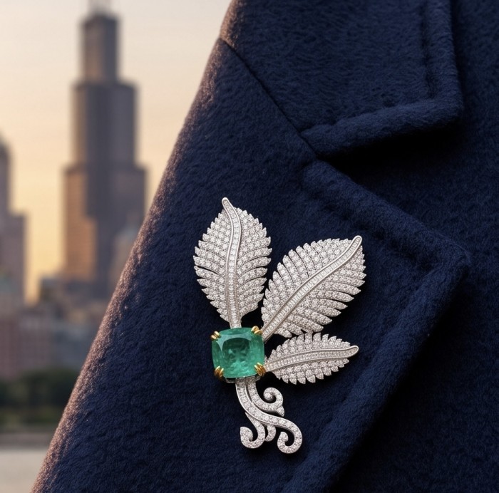 Wearable Art - Black Label Collection - Retro Style - Genuine assher cut 6.5 carat Colombian Emerald 2 tones .925 Sterling Silver handmade Brooch - Emerald and diamond brooch on navy coat, city skyline in background