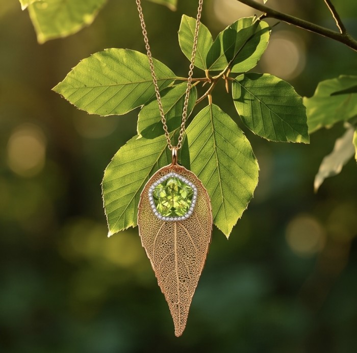 Stylish REAL Leaf dipped in Rose Gold 11.5 carat Garnet .925 Sterling Silver Pendant - Leaf necklace with green stone hanging on branch, close-up view