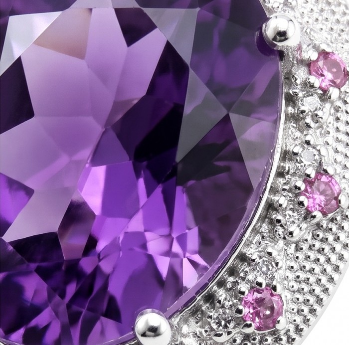 Purple Symphony 15.5 carat natural Amethyst rhodium over .925 Sterling Silver Handcrafted Ring size 8 adjustable - Stone close-up of Purple Symphony 15.5 carat amethyst in silver setting.