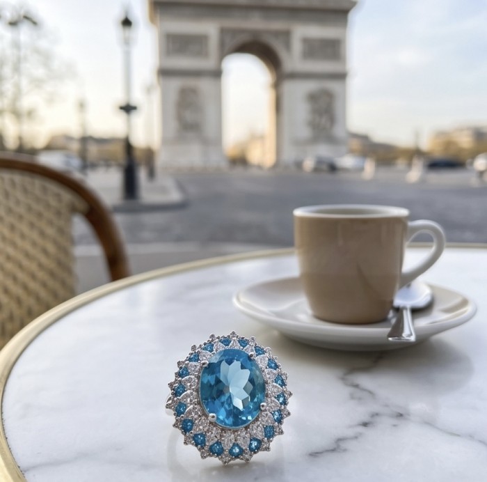 Paris Sky Blue 8.8 carat Swiss Blue Topaz .925 Sterling Silver dipped in rhodium handcrafted ring size 7 - Blue topaz and sterling silver ring close-up with coffee and city backdrop