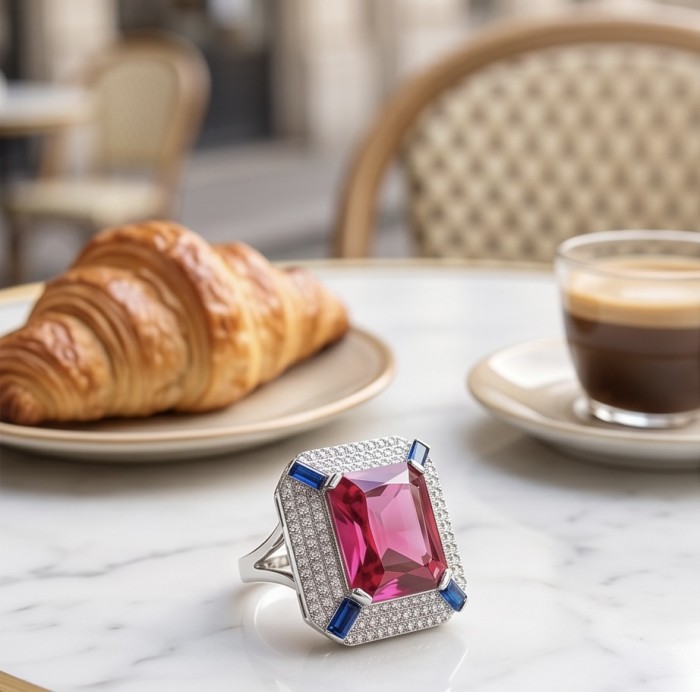 Art Deco 16.6 ctw Ruby .925 Sterling Silver handcrafted Statement Ring size 8 - Close-up of Art Deco ruby ring on table with coffee and croissant.