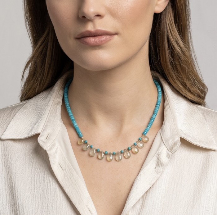 Serenity - 10.2 carat Citrine Turquoise .925 Sterling Silver handmade necklace - Necklace worn on neck, showcasing citrine and turquoise beads.