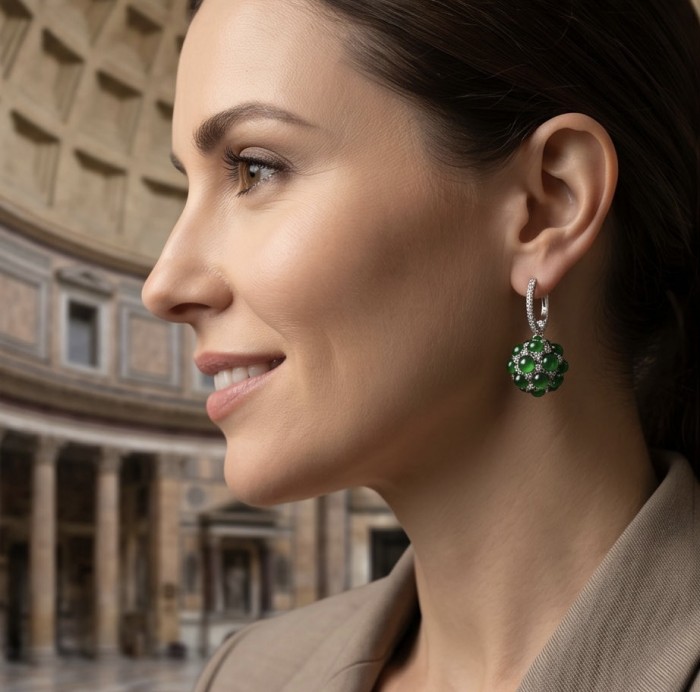Giovanna- Authentic 6.5 CARAT natural Colombian Emerald .925 Sterling Silver handcrafted Statement earrings - Side view of emerald earrings worn by a person, detailed setting shown.