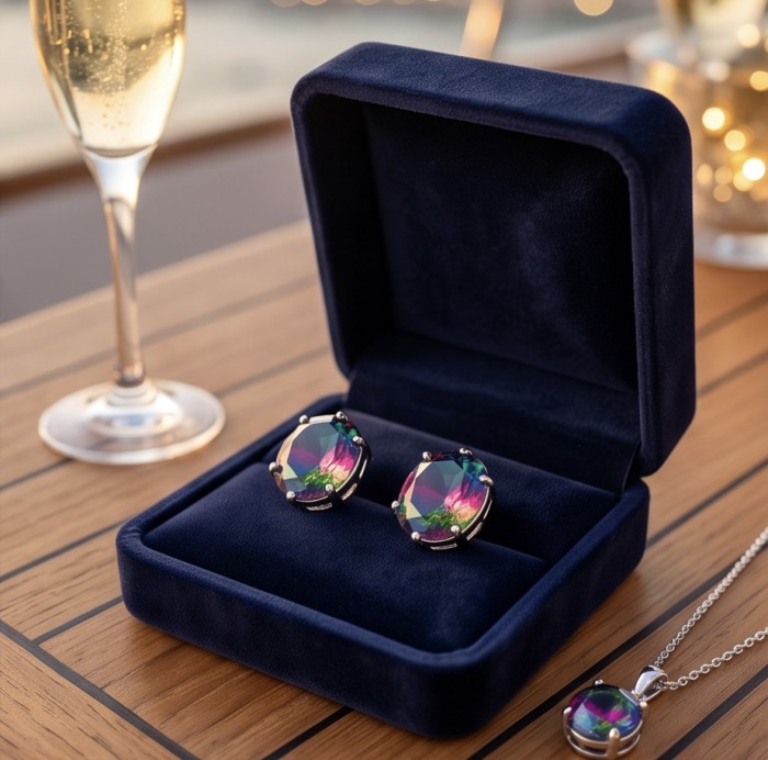 Luxurious authentic 11.2 carat Brazilian Tourmaline .925 Sterling Silver handcrafted earrings - Tourmaline earrings in velvet box with pendant and champagne glass.