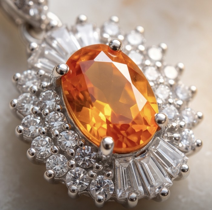 Valentina 2.5 carat Padparadscha Orange Sapphire .925 Sterling Silver handcrafted earrings - Padparadscha sapphire close-up with diamond accents.