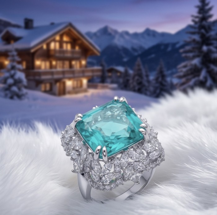 Elizabeth asscher cut 14.8 carat Colombian Emerald 15.3 carat Moissanite .925 Sterling Silver dipped in Rhodium handcrafted Ring size 7 - Close-up of asscher cut 14.8 carat Colombian emerald ring in snowy setting