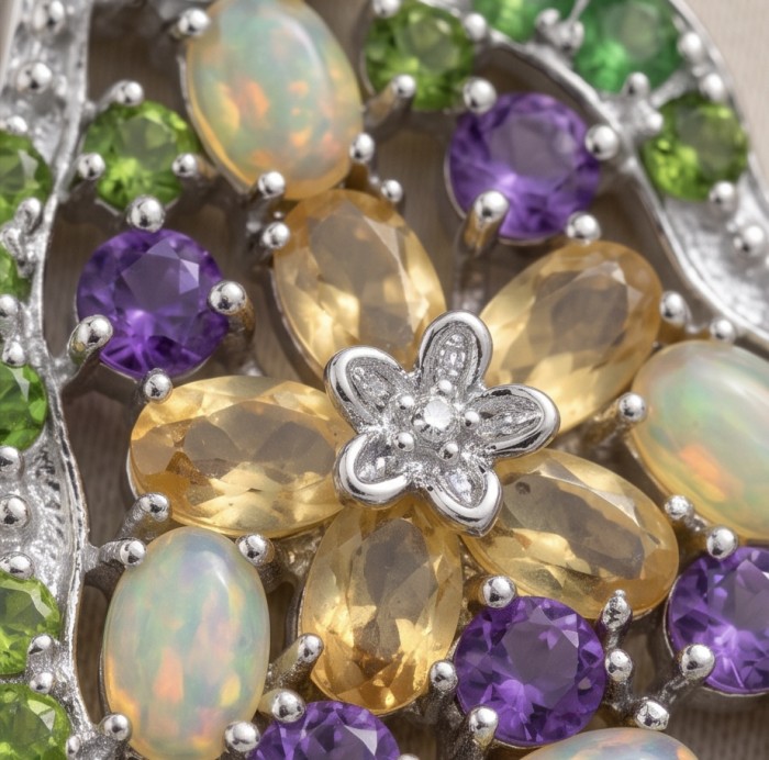 Giovanna - Authentic 18.9 carat Brazilian Citrine .925 Sterling Silver dipped in rhodium handcrafted Statement pendant - Stone close-up of colorful gemstone arrangement on silver jewelry.
