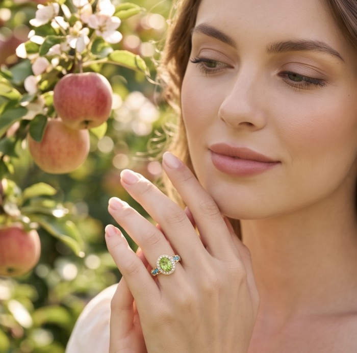 Flower 2.2 carat Brazilian Peridot 18K Gold over .925 Sterling Silver Handcrafted Ring size 6 - Woman wearing Flower 2.2 carat Peridot ring on hand in apple orchard.