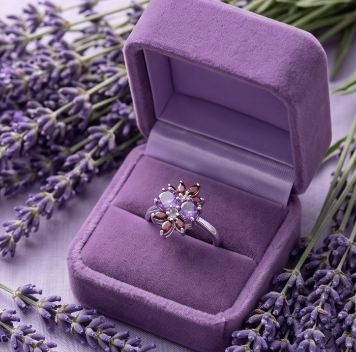 Flower 5.4 carat Amethyst rhodium over .925 Sterling Silver Handcrafted Ring size 9 - Amethyst ring in purple box, flower detail, surrounded by lavender.