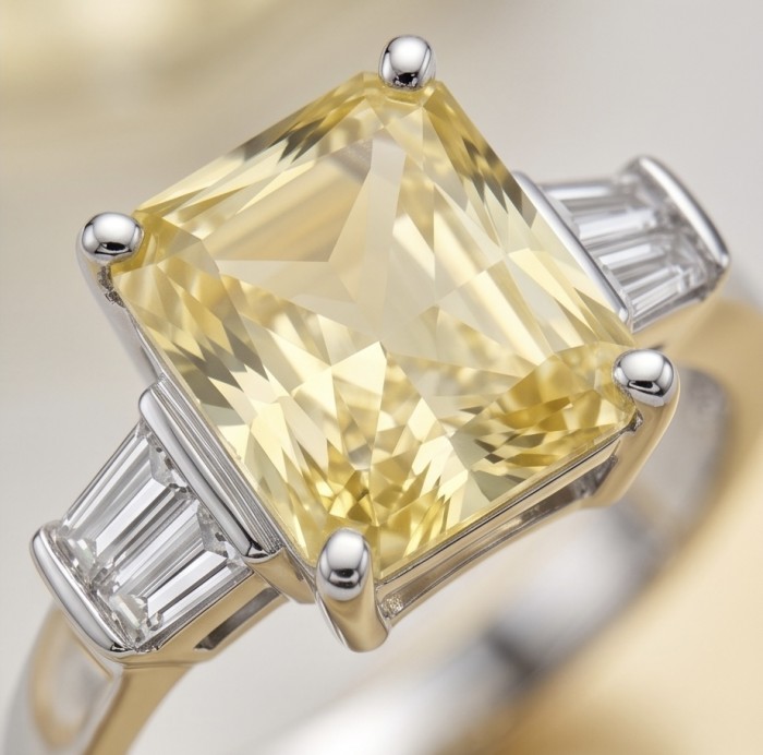 Luxurious baquette cut 6.7 carat Yellow Sapphire .925 Sterling Silver handcrafted Ring s. 8 1/4 - Close-up of a luxurious yellow sapphire ring with baguette accents.