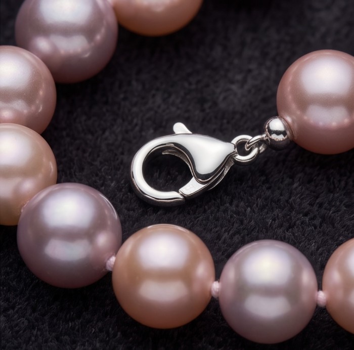 ELEGANT PASTELS - Outstanding freshwater Pearl .925 Sterling Silver handcrafted Statement necklace - Clasp detail of pink freshwater pearl necklace with .925 silver clasp.