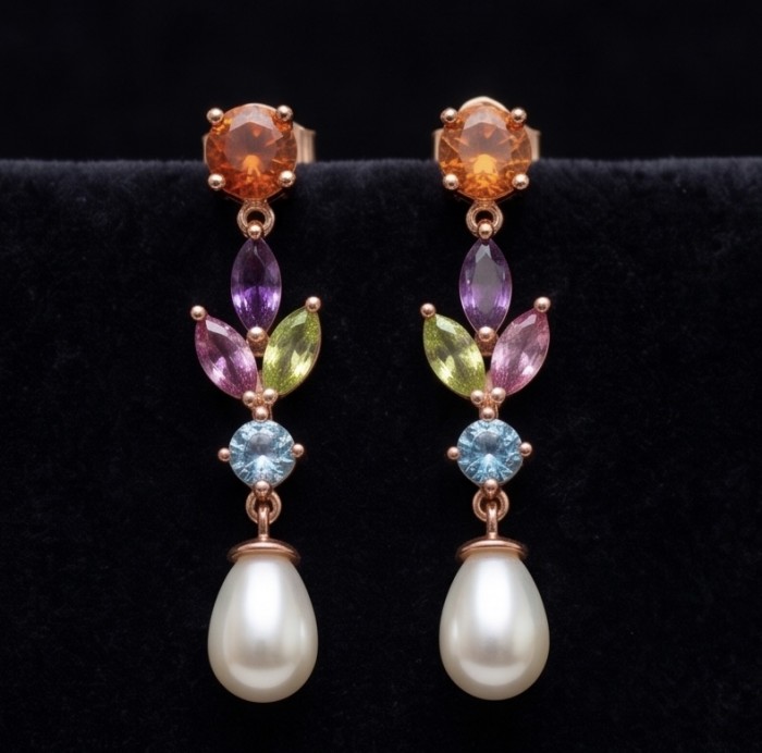 Giovanna - Authentic 4.5 carat Multigem 14K Rose Gold over .925 Sterling Silver handcrafted earrings - Colorful multigem earrings with pearls on black background, front view