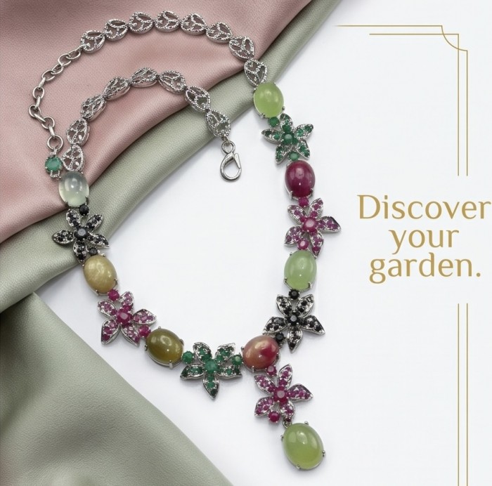 Isabella - Beauty of Nature natural 155.5 carat Ruby Green Tourmaline Rhodium over .925 Sterling Silver handmade Statement necklace - Necklace on fabric; flower motif; clasp detail; vibrant gemstones.