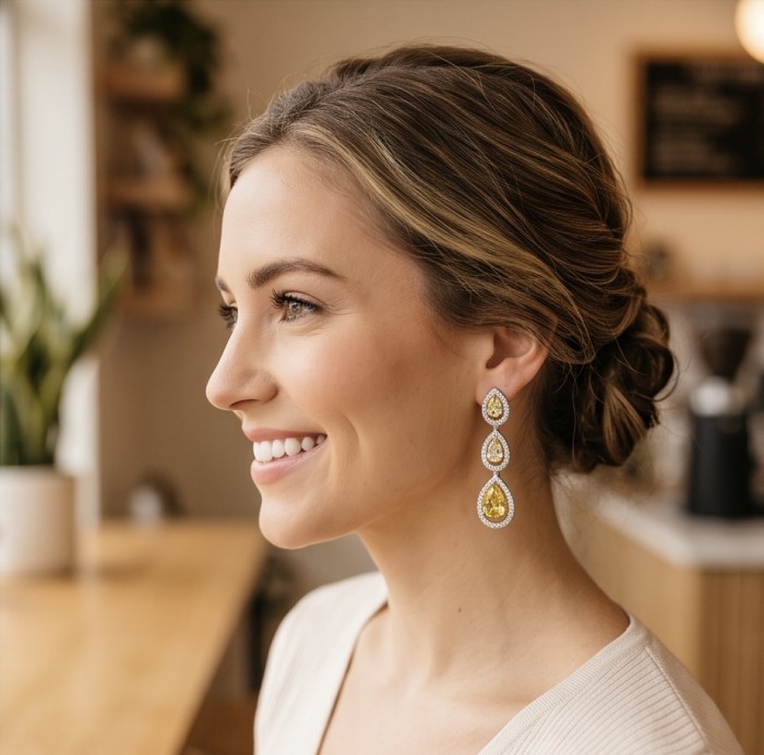 Luxurious pear cut 8.5 carat Yellow Sapphire rhodium over .925 Sterling Silver handcrafted earrings - Side view of yellow sapphire drop earrings worn by a woman